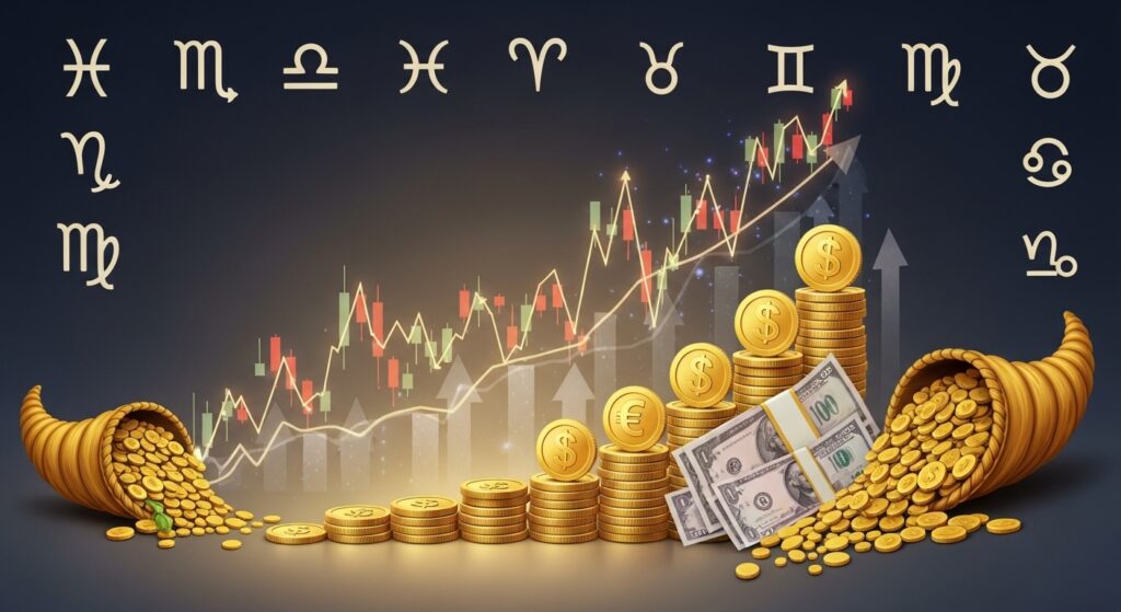 “A confident individual with growing wealth symbols and astrological signs in the background, prosperity and success theme, motivational tone”