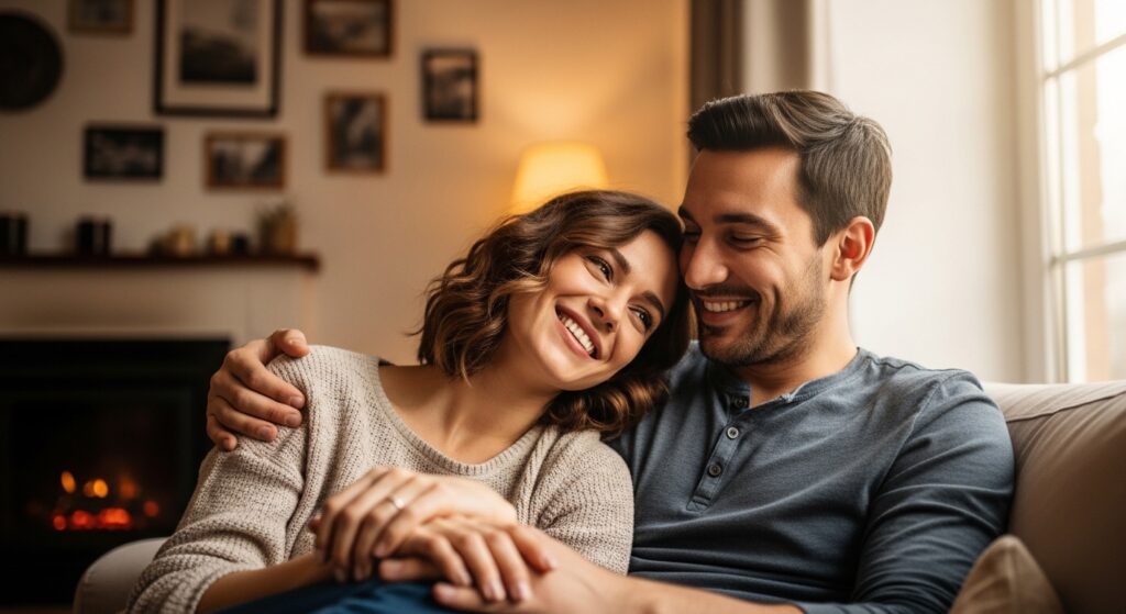 "A happy couple smiling together after resolving problems, positive emotions, warm natural light, feeling of harmony and love"