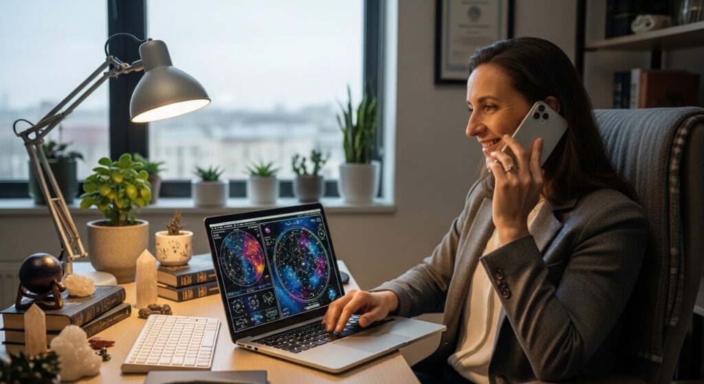 “Modern astrology consultation where an astrologer is talking with a client on phone while viewing horoscope charts on a laptop, cozy office environment, professional setting.”